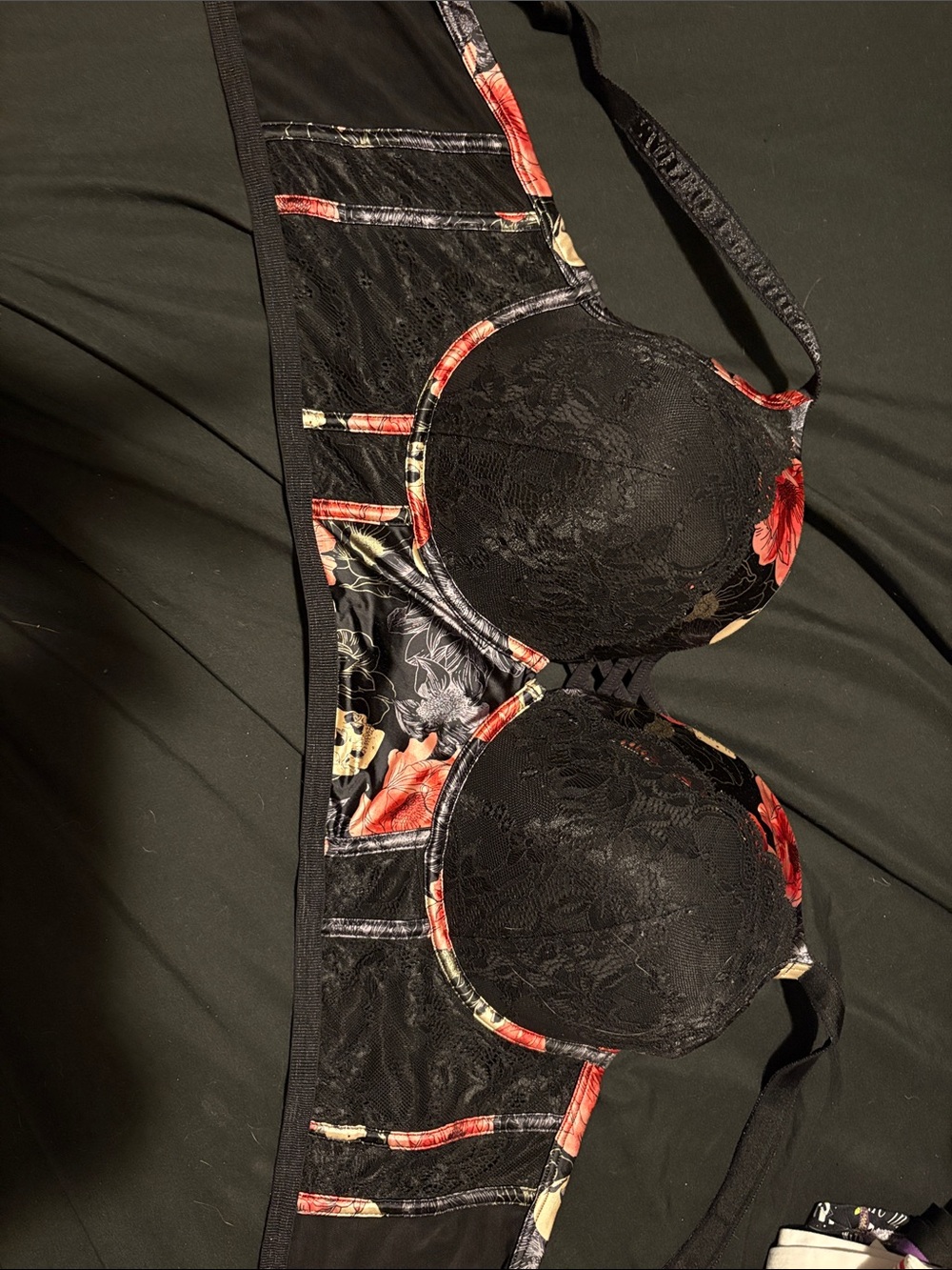 Black Lace Underwire Bra with Red Floral Accents - Supportive Design